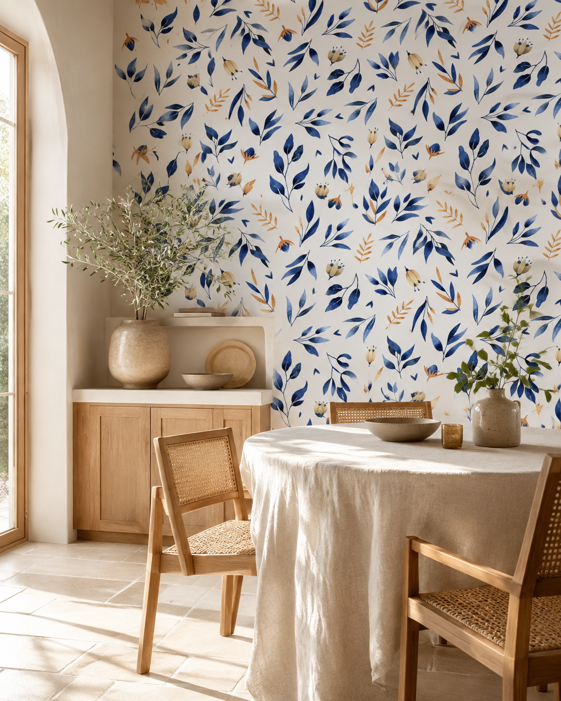 Mediterranean Meadow wallpaper in a sunlit dining nook styling concept