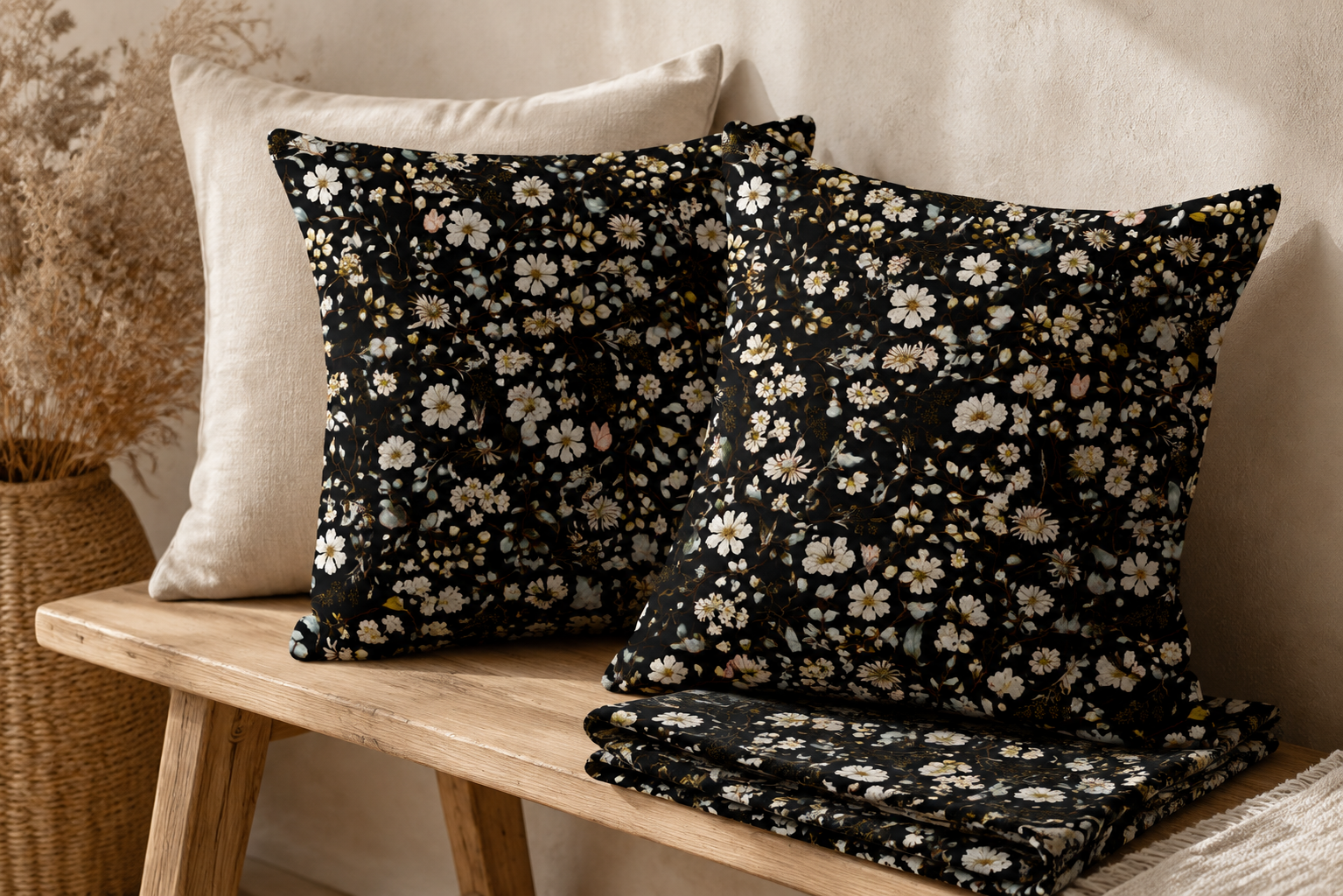 Black rustic floral pattern shown on decorative pillows in a styling concept