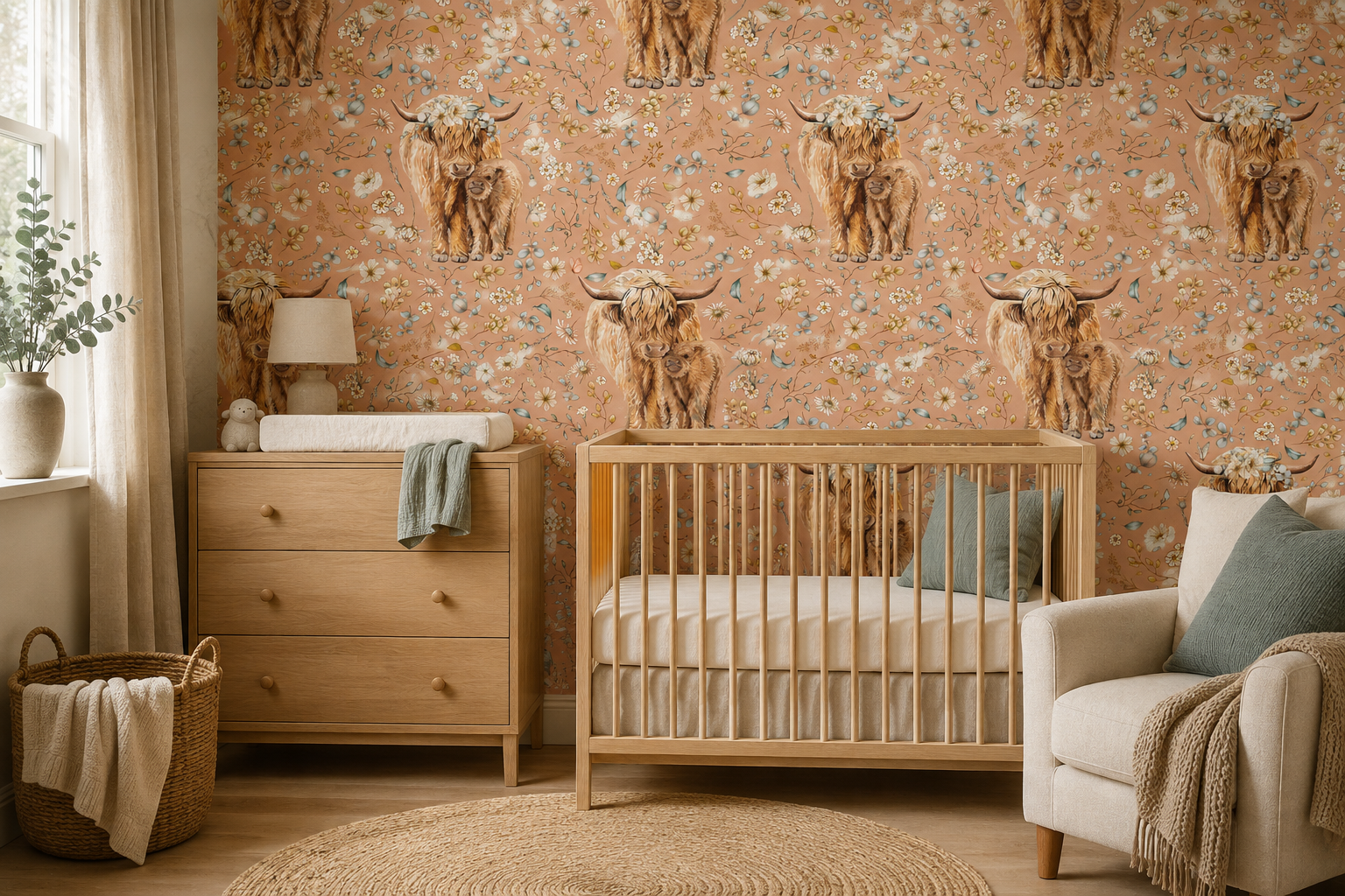 Peach Rustic Floral Highland wallpaper in a nursery styling concept