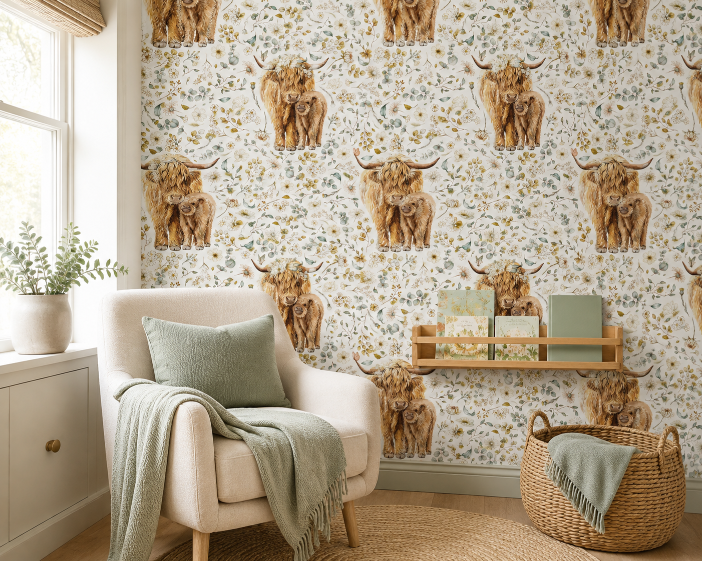 White Rustic Floral Highland wallpaper in a reading nook styling concept