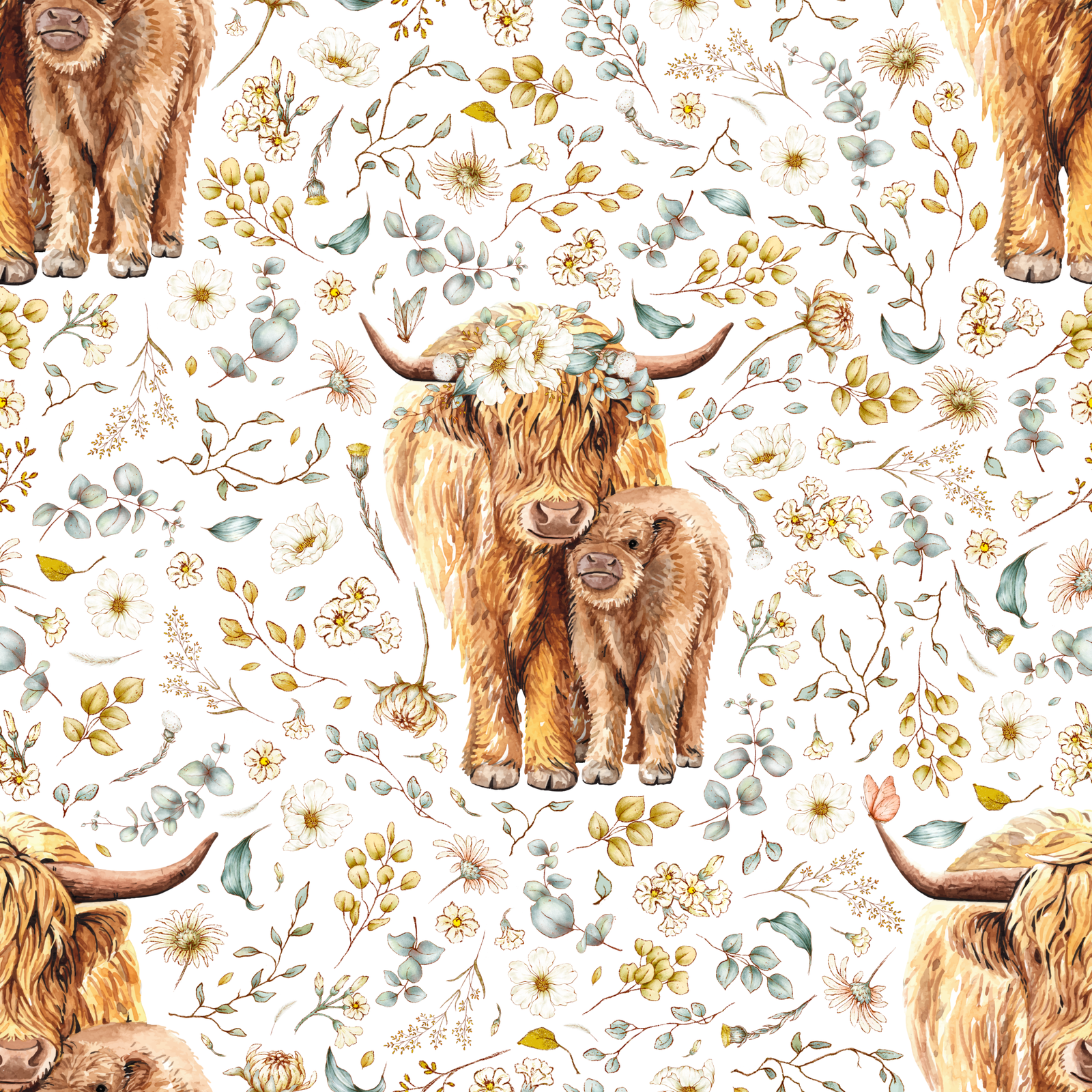 Rustic Floral Highland cow and botanical pattern on white