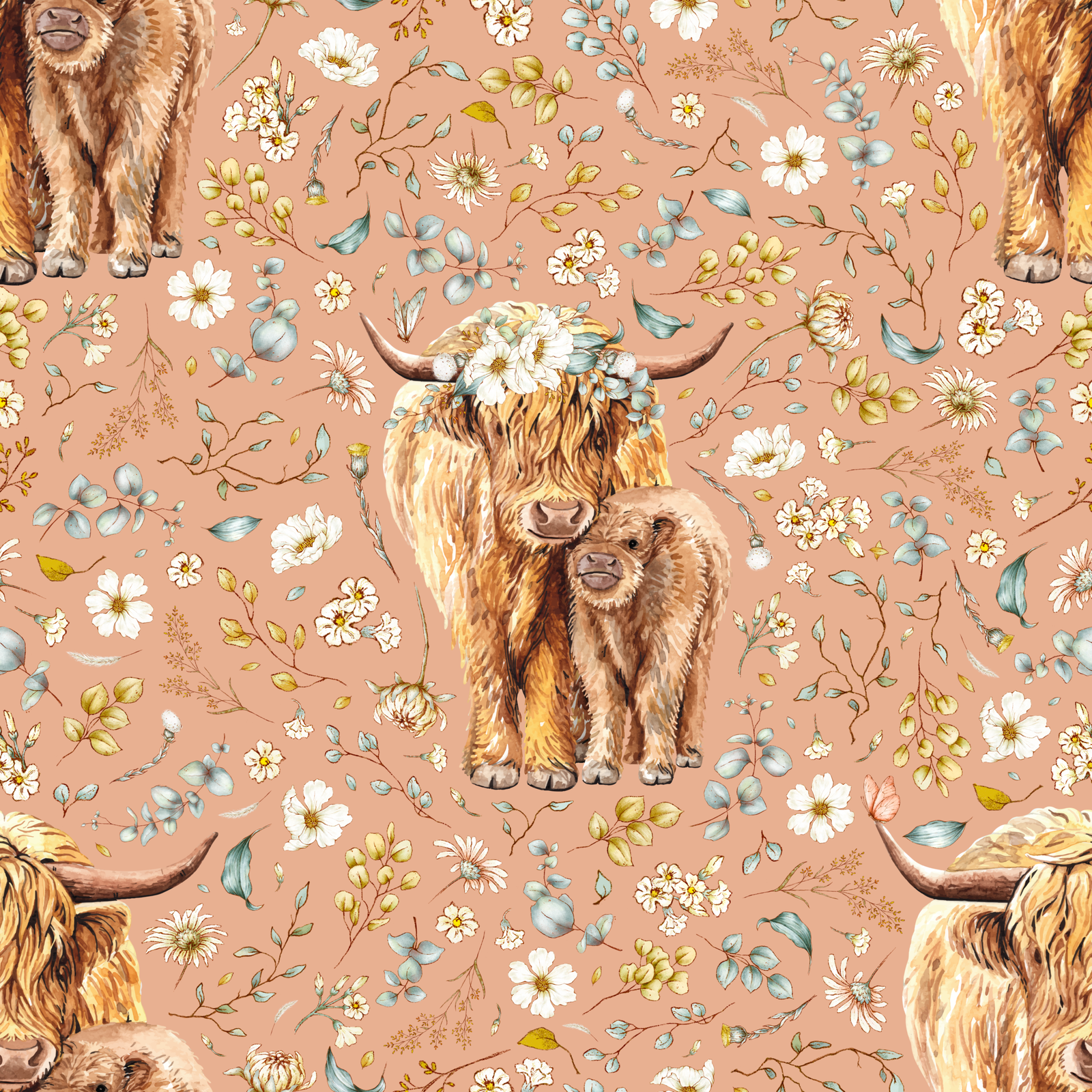 Rustic Floral Highland cow and botanical pattern on peach nougat